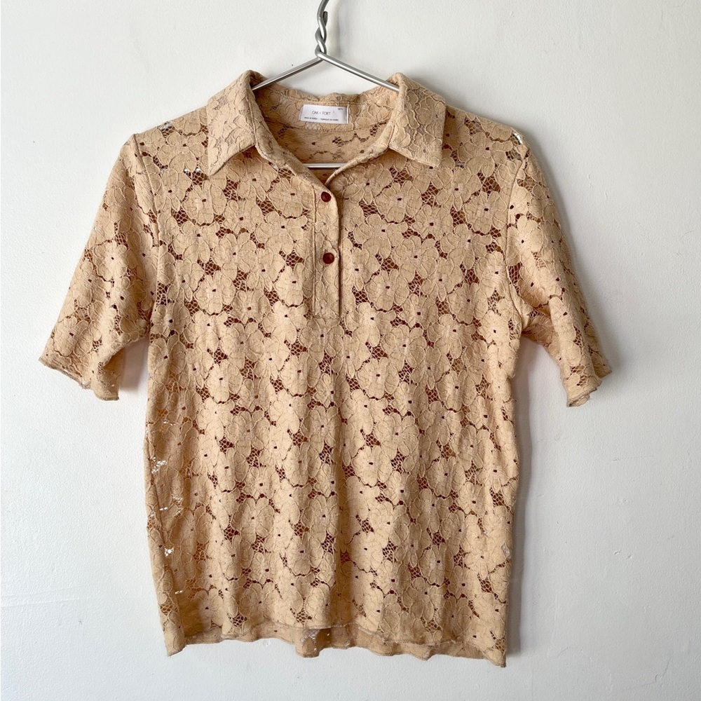 Oak + Fort Beige Tan Floral Lace Short Sleeve Polo Shirt Size OS Small